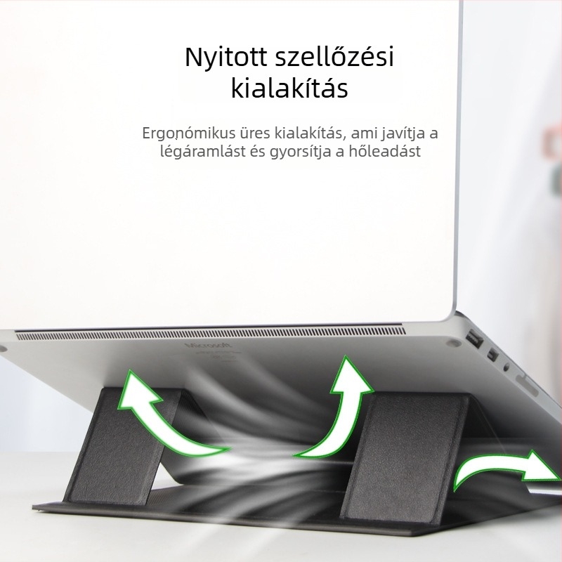 Hordozható laptop állvány hűtővel, összecsukható asztali tartó PU anyagból; kompatibilis 12.5–15.6 hüvelykes eszközökkel; súly 205 g