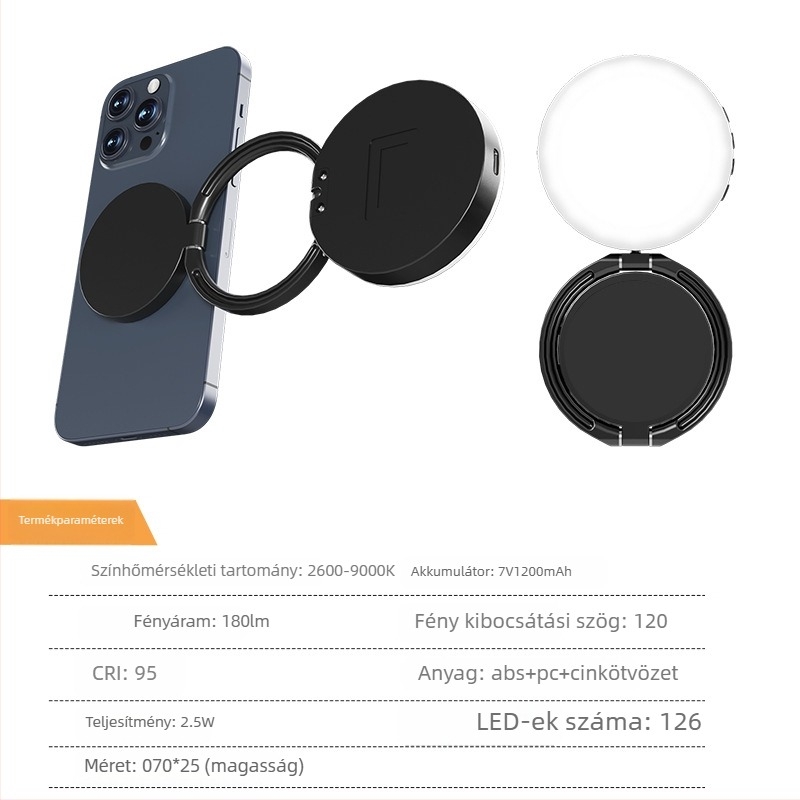 Mini világítás mágneses rögzítéssel fotózáshoz és élő közvetítéshez (Teljesítmény ≤10W; Feszültség 5V; 126 LED; Tömeg 225 g; Anyag: ABS+PC+Cinkötvözet)