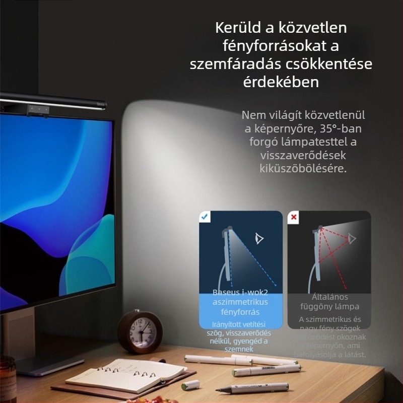 Monitorhoz függő LED lámpa — USB-tápellátású, érintéses kapcsoló, állítható fényerő, szemvédő fény
