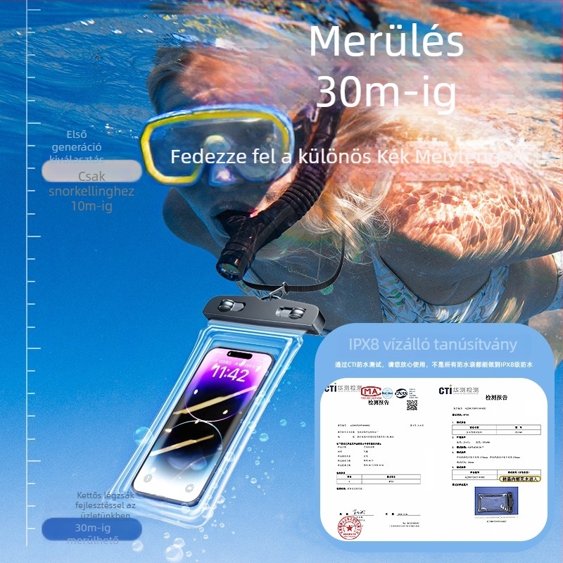 Strandhoz készült vízálló telefon tok HD érintőképernyővel — illeszkedik a telefonokhoz maximum 7,2 hüvelykig, műanyag vízálló tok, testre szabható logó, úszásra, merülésre, raftingra