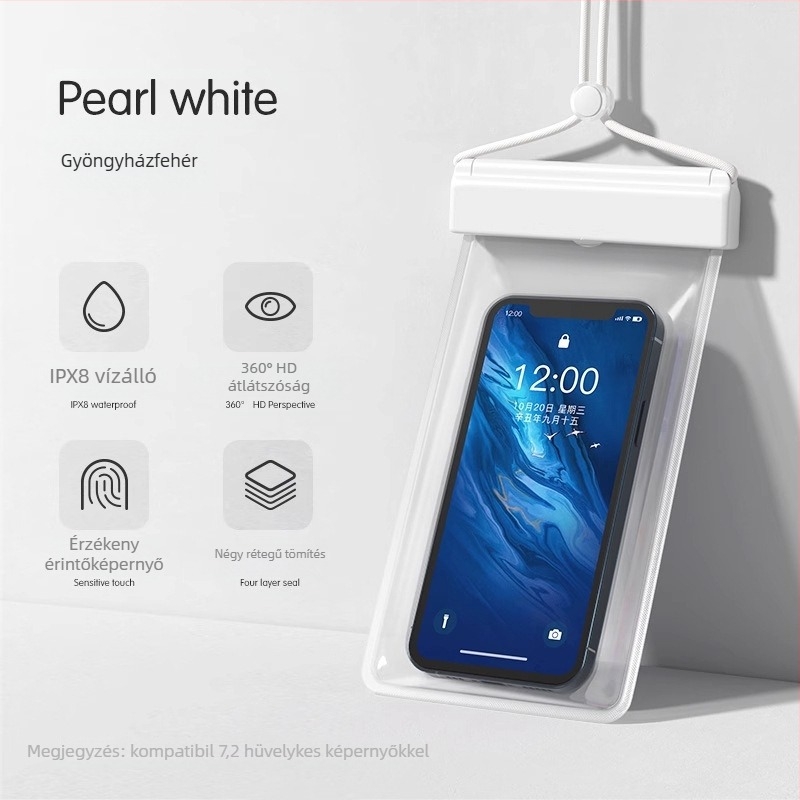 Strandhoz készült vízálló telefon tok HD érintőképernyővel — illeszkedik a telefonokhoz maximum 7,2 hüvelykig, műanyag vízálló tok, testre szabható logó, úszásra, merülésre, raftingra