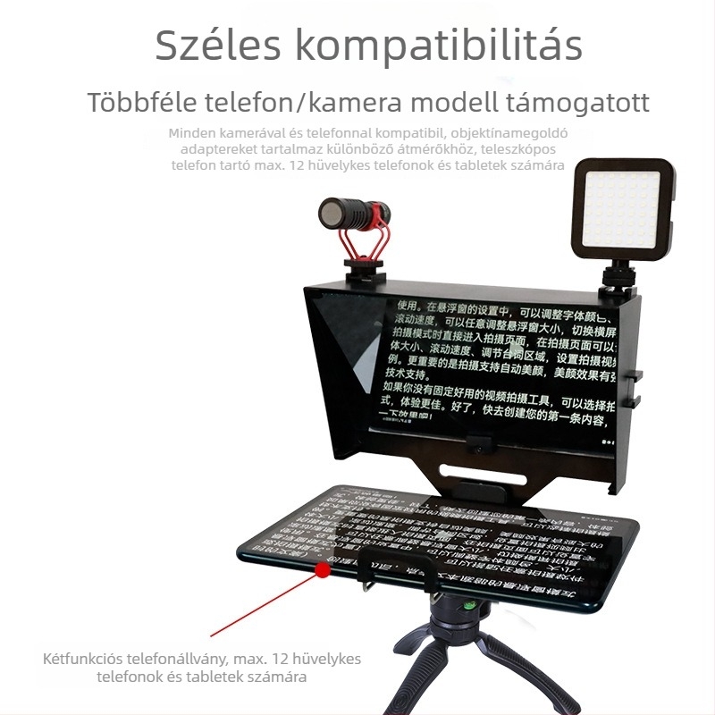 Mobiltelefon és tabletre teleprompter - ABS ház, lencséhez csatlakozó kivitel, maximális teher 2–5 kg, tömeg 0,5 kg