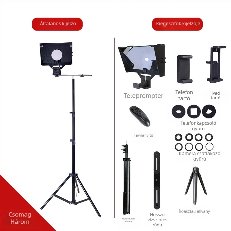 Mobiltelefon és tabletre teleprompter - ABS ház, lencséhez csatlakozó kivitel, maximális teher 2–5 kg, tömeg 0,5 kg