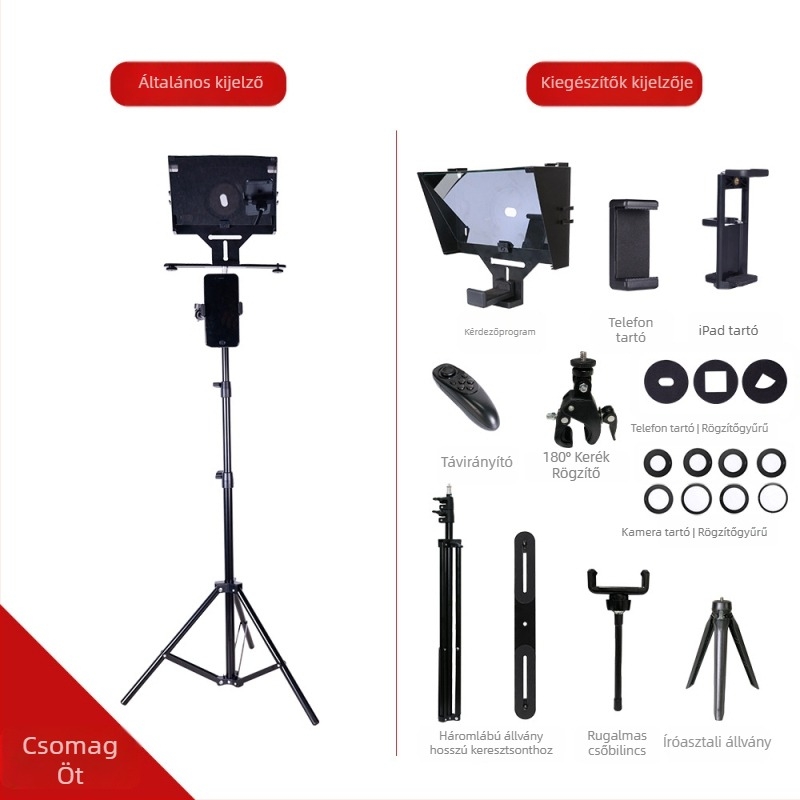 Mobiltelefon és tabletre teleprompter - ABS ház, lencséhez csatlakozó kivitel, maximális teher 2–5 kg, tömeg 0,5 kg