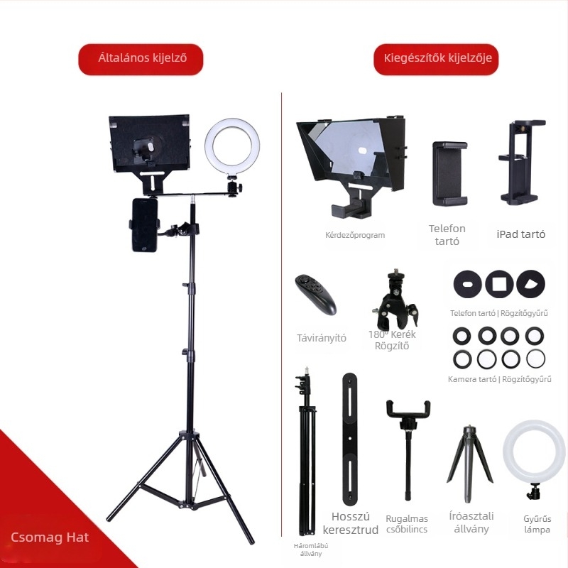 Mobiltelefon és tabletre teleprompter - ABS ház, lencséhez csatlakozó kivitel, maximális teher 2–5 kg, tömeg 0,5 kg