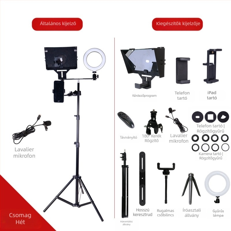 Mobiltelefon és tabletre teleprompter - ABS ház, lencséhez csatlakozó kivitel, maximális teher 2–5 kg, tömeg 0,5 kg
