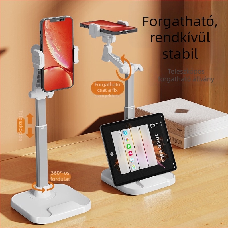 Teleszkópos asztali állvány mobileszközökhöz és tablethez, kettős kamerás forgással élő videóhoz