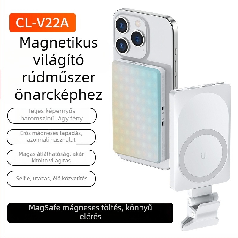 Mágneses LED világítás mobil videókonferenciákhoz — 2500K–9000K CCT, CRI ≥95, akár 500 lux 0.5 m-en, <10W, modell CL-V22A, kézben tartható és hordozható