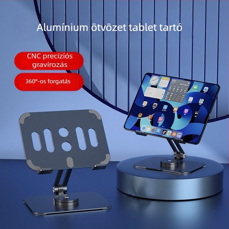 Alumínium ötvözetből készült tablet állvány, forgó, összecsukható és hordozható – Kompatibilis az iPad modellekkel