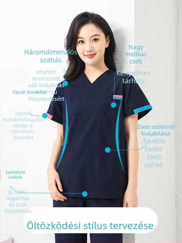 Unisex rövid ujjú orvosi munkaruha szett (felső + nadrág) - nedvszívó poliészter-pamut-spandex keverék, V-nyakú, szabályos ujjak, egész éves viselet