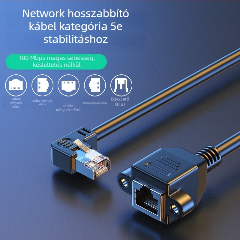 90 fokos RJ-45 hálózati hosszabbító kábel, férfi–női végződés, Cat5, szerelési furatokkal