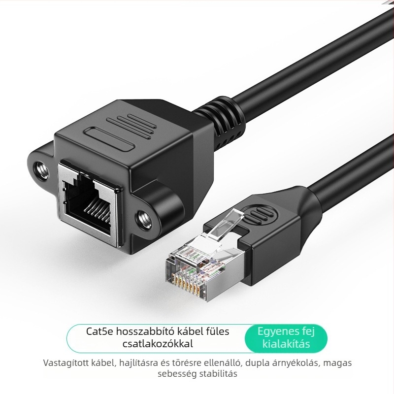 90 fokos RJ-45 hálózati hosszabbító kábel, férfi–női végződés, Cat5, szerelési furatokkal