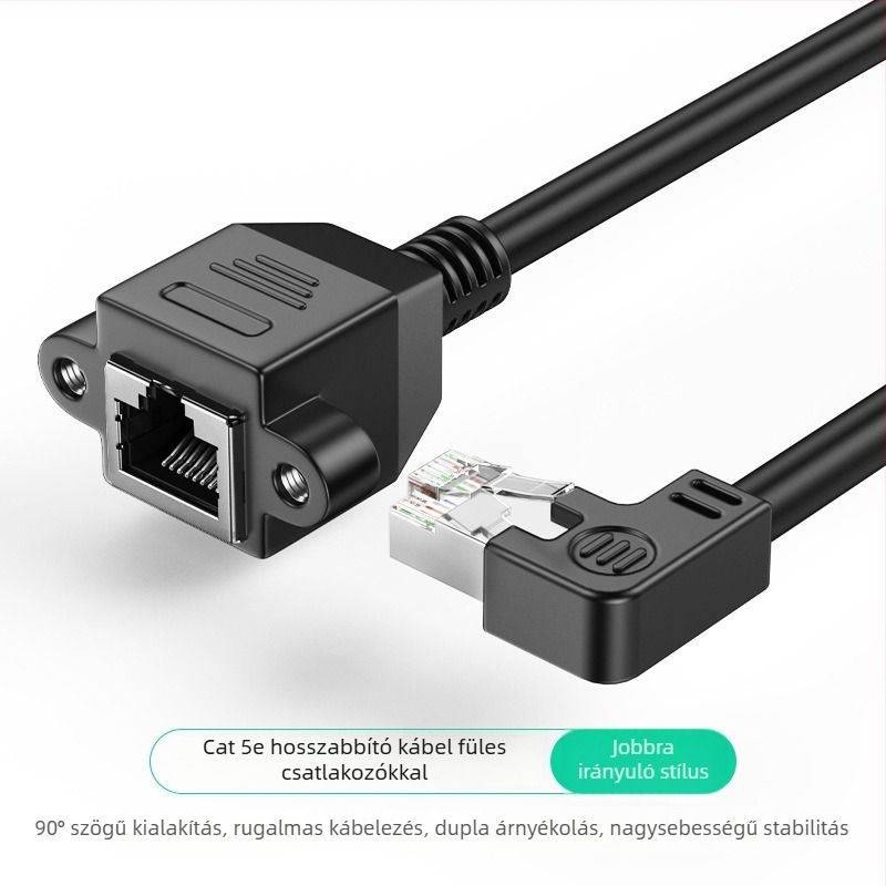 90 fokos RJ-45 hálózati hosszabbító kábel, férfi–női végződés, Cat5, szerelési furatokkal