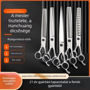 Hanchuang 440C rozsdamentes acél háziállatolló-készlet, görbült heggyel és recés éllel