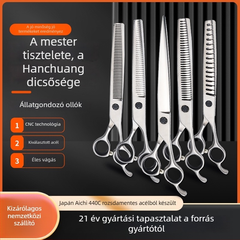 Hanchuang 440C rozsdamentes acél háziállatolló-készlet, görbült heggyel és recés éllel