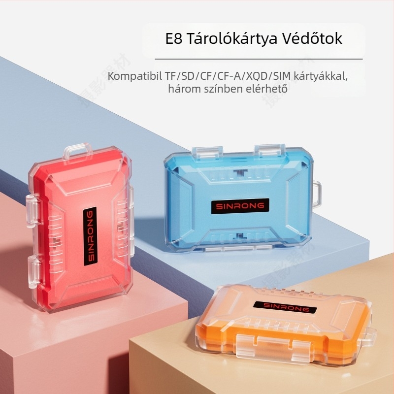 Átlátszó SD-kártya tároló doboz, Modell E8 — Víz- és porálló, Mobiltelefonokhoz és kamerákhoz; Memória kártyák szervező tartalmaz karabíner, kártya eltávolításához pin és csat