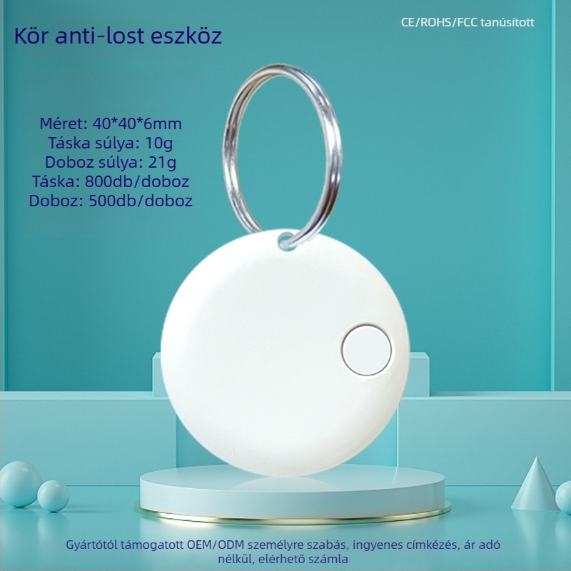 Kör alakú Bluetooth elvesztés elleni eszköz kétirányú kereséssel és riasztással; 210 mAh akkumulátor; hatótávolság 20 m-ig; Android és iOS kompatibilis; ABS ház; kétirányú keresés
