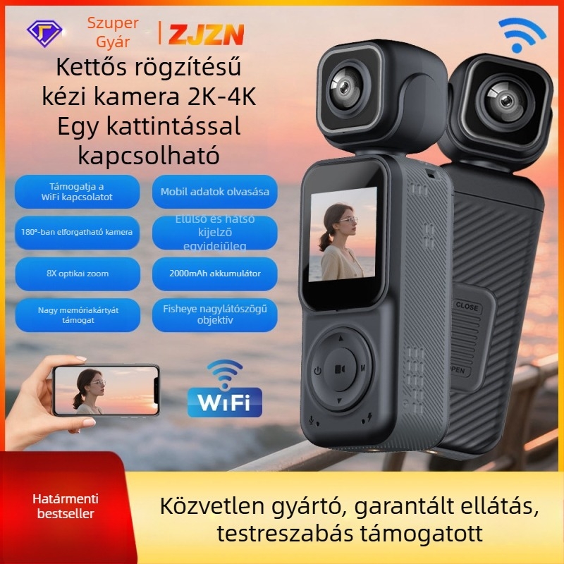 4K kézben tartható és testre rögzíthető kamera dupla objektívvel és Wi-Fi-vel kültéri sportokra