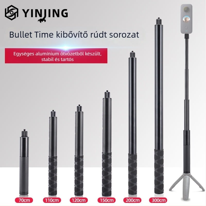 Kinyújtható selfie-stik Insta360 ONE R / X2 / EVO-hoz, alumínium ötvözetből készült fogantyú, gumis markolat és csuklórögzítő; max terhelés 2–5 kg