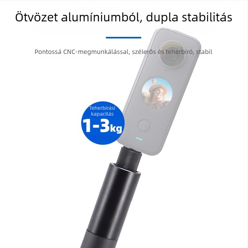Kinyújtható selfie-stik Insta360 ONE R / X2 / EVO-hoz, alumínium ötvözetből készült fogantyú, gumis markolat és csuklórögzítő; max terhelés 2–5 kg