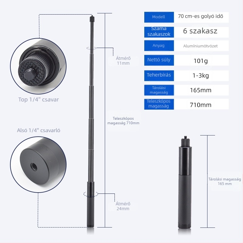 Kinyújtható selfie-stik Insta360 ONE R / X2 / EVO-hoz, alumínium ötvözetből készült fogantyú, gumis markolat és csuklórögzítő; max terhelés 2–5 kg
