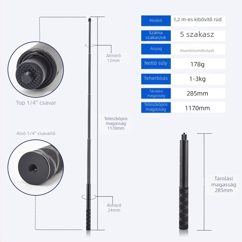 Kinyújtható selfie-stik Insta360 ONE R / X2 / EVO-hoz, alumínium ötvözetből készült fogantyú, gumis markolat és csuklórögzítő; max terhelés 2–5 kg