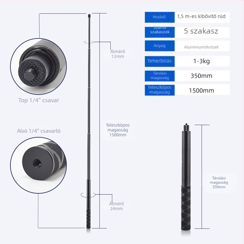 Kinyújtható selfie-stik Insta360 ONE R / X2 / EVO-hoz, alumínium ötvözetből készült fogantyú, gumis markolat és csuklórögzítő; max terhelés 2–5 kg
