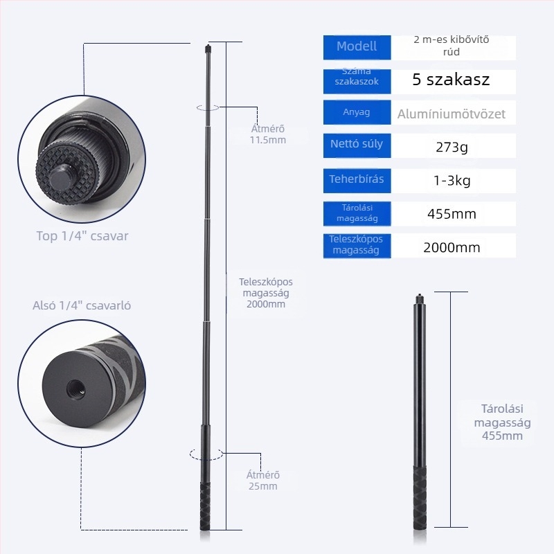 Kinyújtható selfie-stik Insta360 ONE R / X2 / EVO-hoz, alumínium ötvözetből készült fogantyú, gumis markolat és csuklórögzítő; max terhelés 2–5 kg