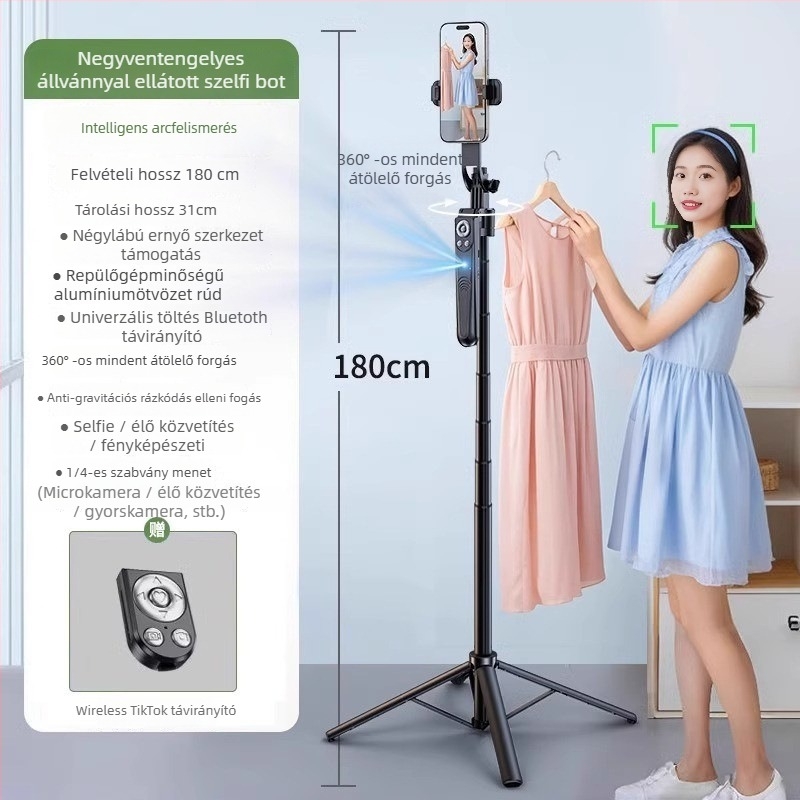 Okos önkövető gimbalos selfie stick, 360° forgás, karbon szálas kivitel, távirányítóval, stabilizáció