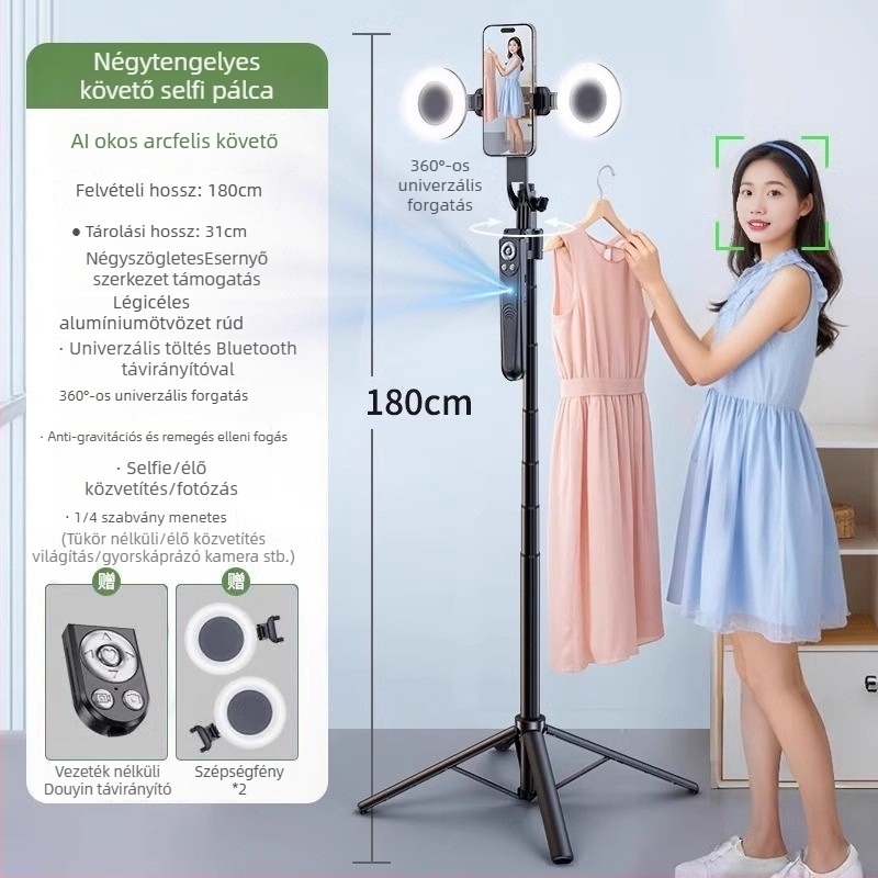 Okos önkövető gimbalos selfie stick, 360° forgás, karbon szálas kivitel, távirányítóval, stabilizáció