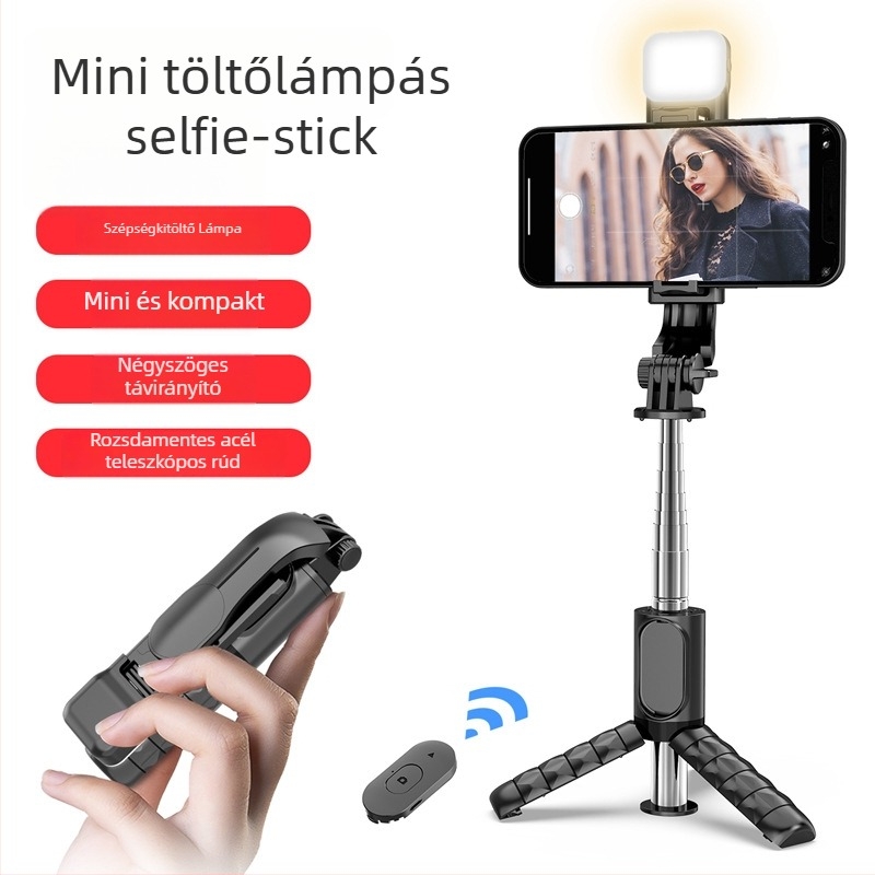 Mini Bluetooth szelfibot háromlábú asztali állvánnyal LED-es világítással – ABS + rozsdamentes acél, távirányítóval, univerzális kompatibilitás