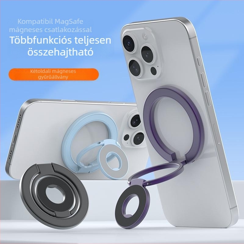 Kétgyűrűs mágneses telefon-tartó autóhoz, MagSafe kompatibilis, teljesen összecsukható, cink ötvözetből, stabil rögzítés élő közvetítéshez