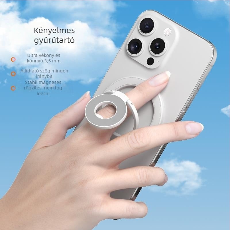 Kétgyűrűs mágneses telefon-tartó autóhoz, MagSafe kompatibilis, teljesen összecsukható, cink ötvözetből, stabil rögzítés élő közvetítéshez