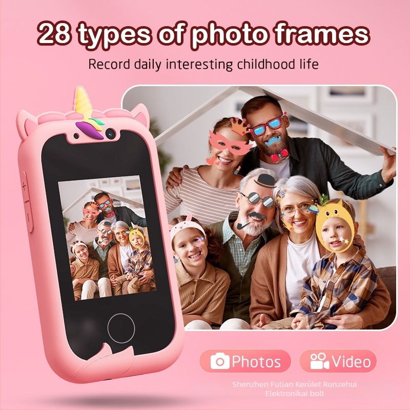 Gyerekeknek szánt okostelefon 2,4 hüvelykes LCD-vel, 1–5 MP kamera, memóriakártya-nyílás, ABS anyag, 1–3 óra üzemidő.