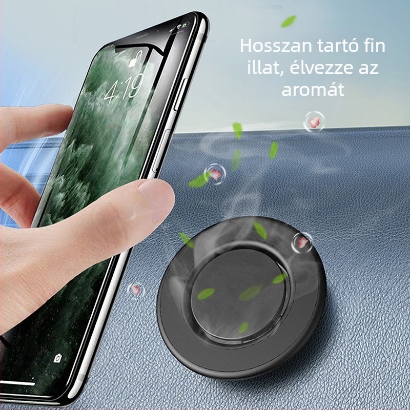 Autós telefon tartó mágneses rögzítővel — univerzális, ABS műanyag, szilikagél, illatosító tabletta