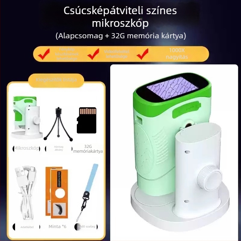 X10 Gyerekeknek hordozható 4K mikroszkóp kamera kijelzővel, 2 hüvelykes LCD, TF tárhely, ABS ház