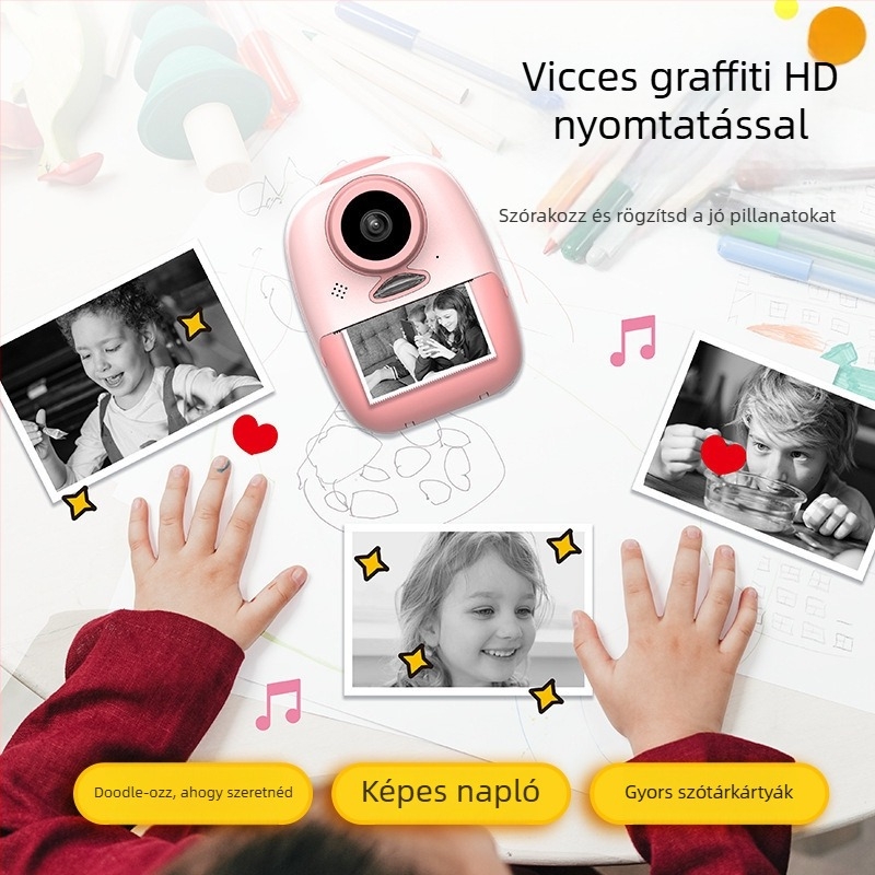 Polaroid-stílusú mini digitális kamera gyerekeknek nyomtatási funkcióval, Modell D10M, >40 MP, 2,0 hüvelykes LCD, TF-kártya