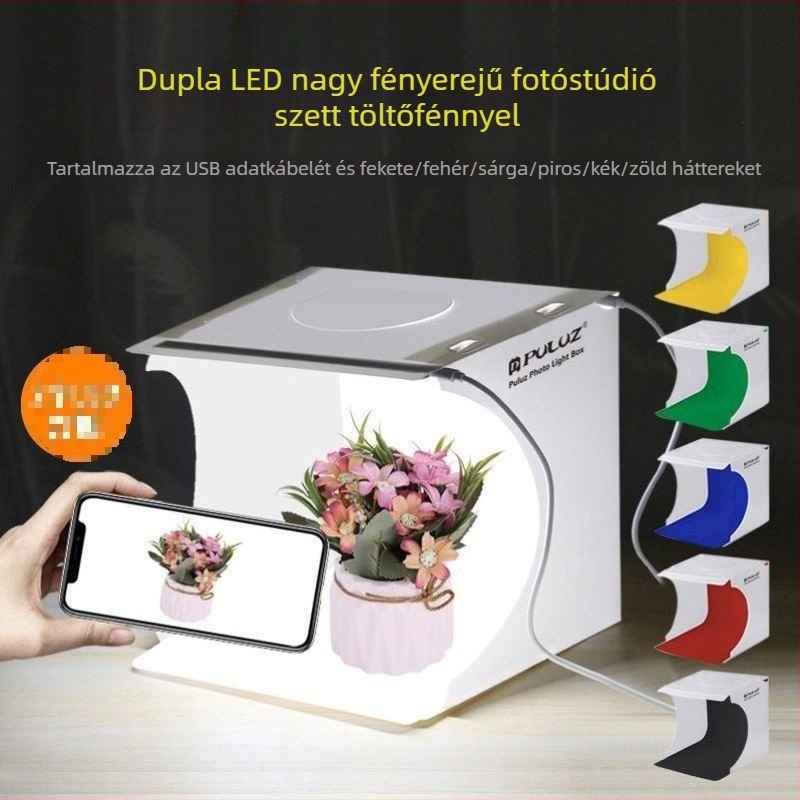 Mini fotóstúdió világító dobozzal ékszerekhez, fehér háttérrel
