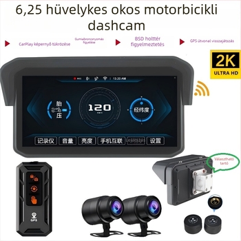 Mt9a Motorkerékpár kétkamerás dash cam, CarPlay, TPMS és holttér-észlelés, 150° látószög, 5MP, microSD kártya akár 64GB-ig, 12V