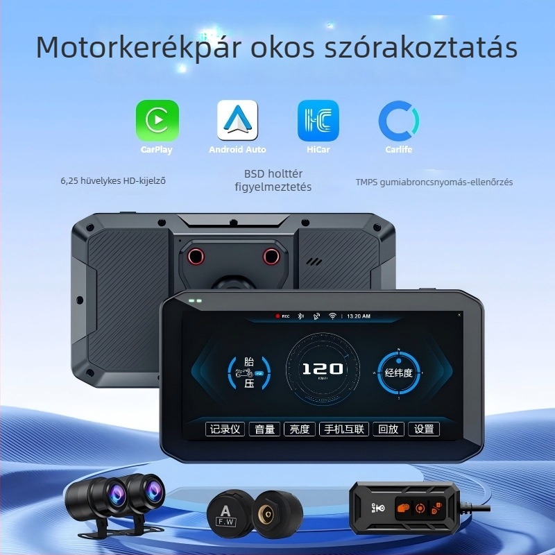 Mt9a Motorkerékpár kétkamerás dash cam, CarPlay, TPMS és holttér-észlelés, 150° látószög, 5MP, microSD kártya akár 64GB-ig, 12V