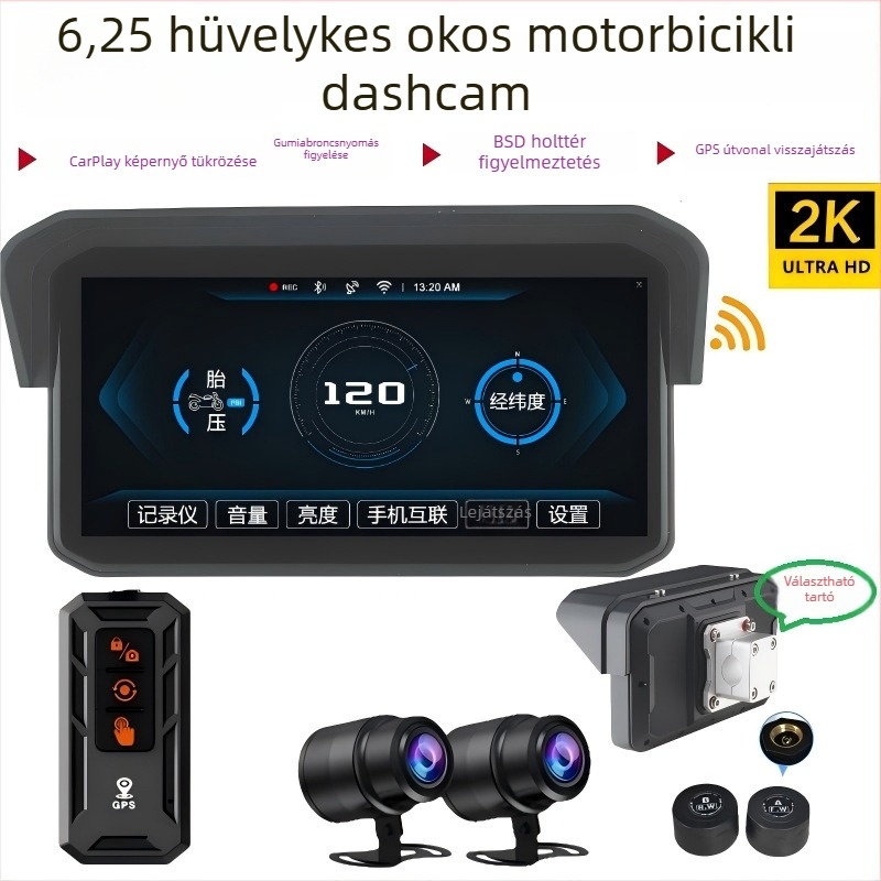 Mt9a Motorkerékpár kétkamerás dash cam, CarPlay, TPMS és holttér-észlelés, 150° látószög, 5MP, microSD kártya akár 64GB-ig, 12V