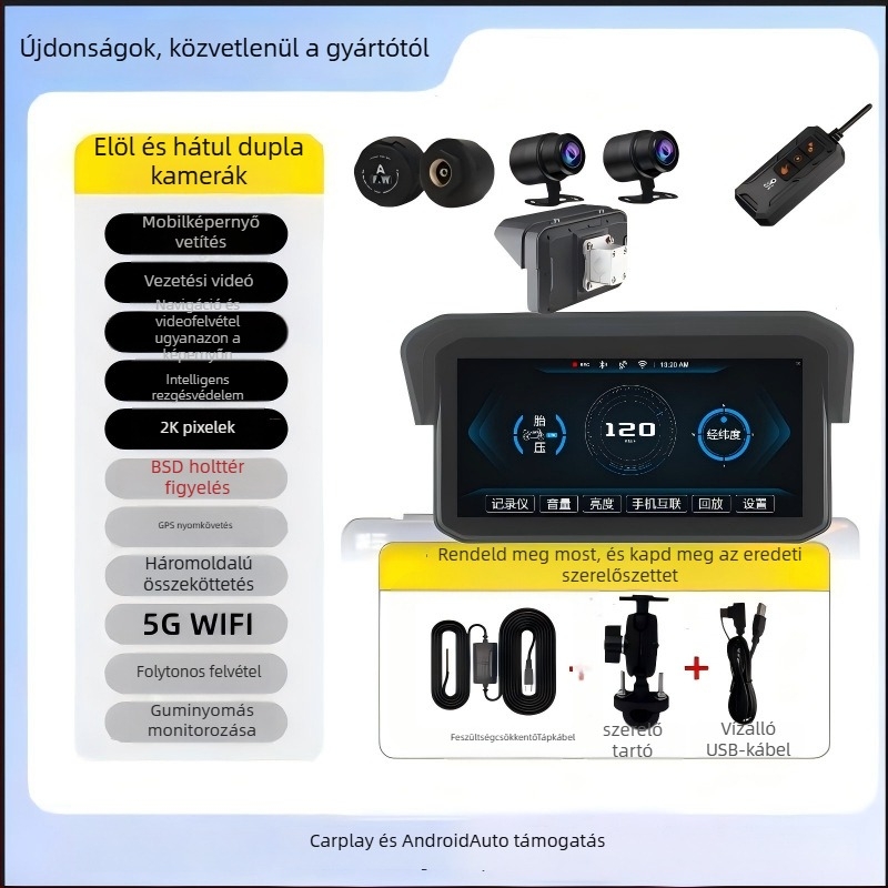 Mt9a Motorkerékpár kétkamerás dash cam, CarPlay, TPMS és holttér-észlelés, 150° látószög, 5MP, microSD kártya akár 64GB-ig, 12V