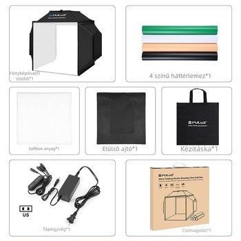 PULUZ PU5042 Soft Light Box – 72W, 5500K, akril, 4 színű háttér