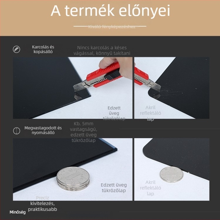 Edzett üveg hátterű panel reflektorral, 5 mm-es vastagság, 5,3 kg tömeg, termékfotózáshoz