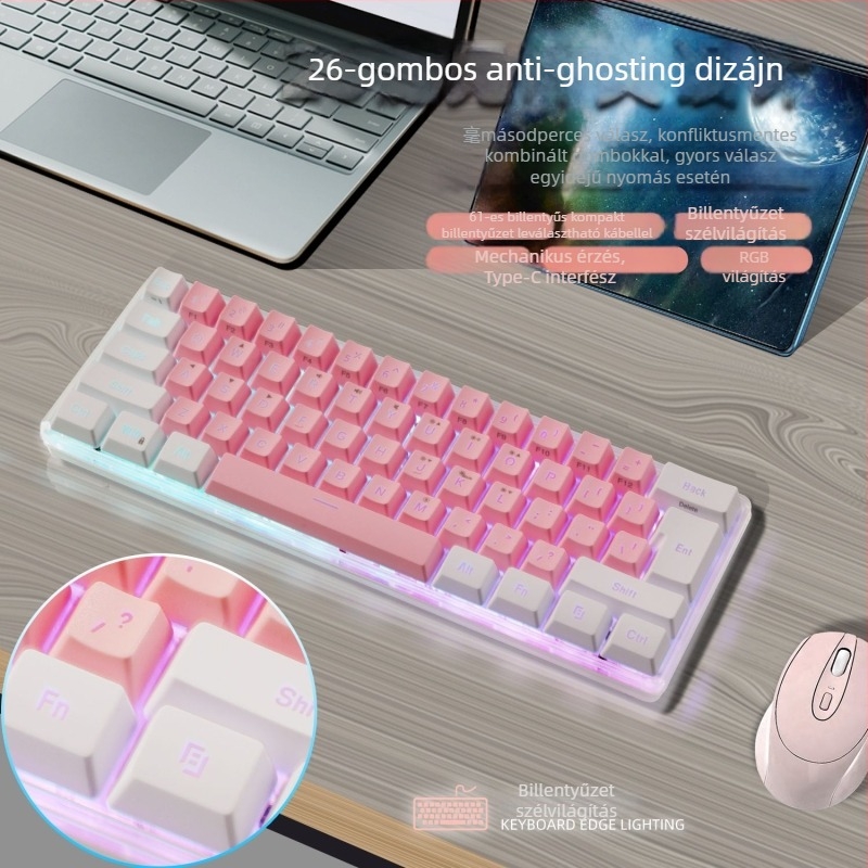 61 billentyűs vezetékes billentyűzet RGB háttérvilágítással, ABS billentyűkkel, USB interfész
