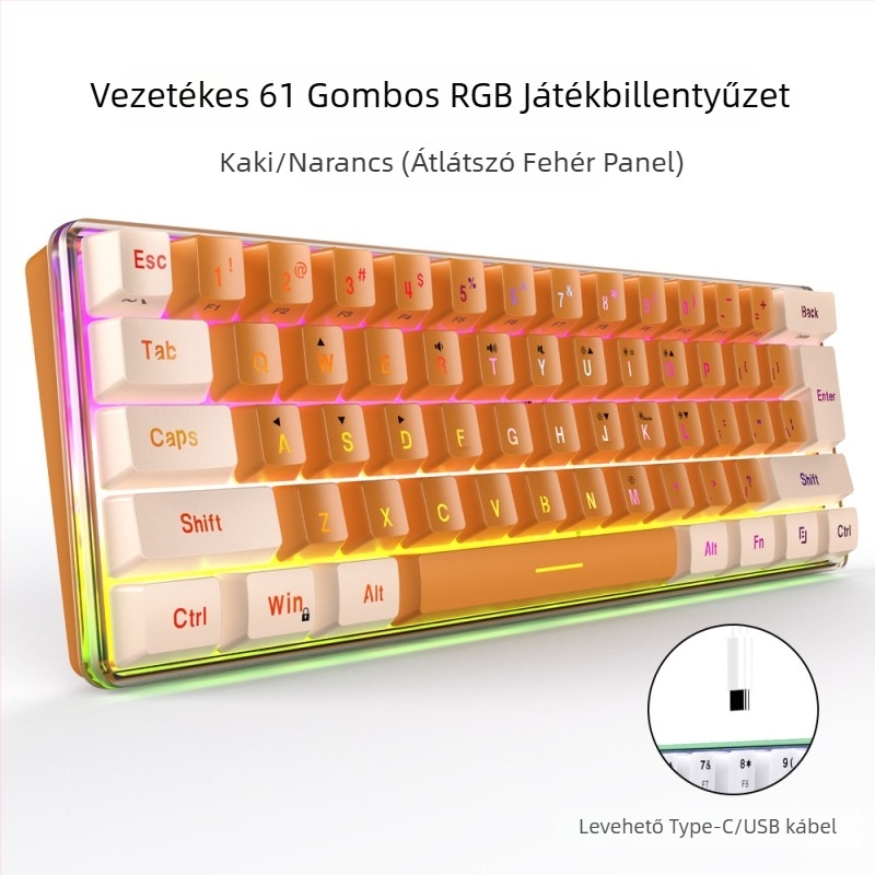 61 billentyűs vezetékes billentyűzet RGB háttérvilágítással, ABS billentyűkkel, USB interfész