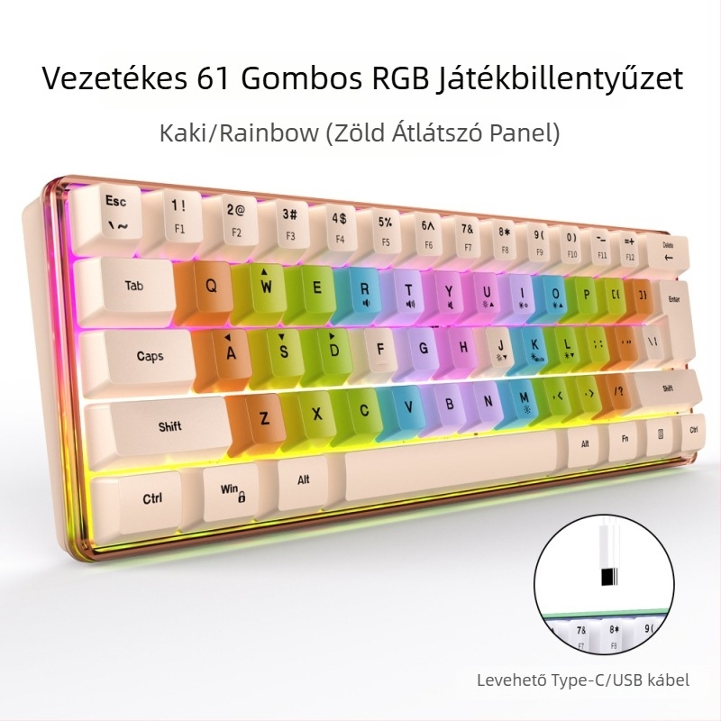 61 billentyűs vezetékes billentyűzet RGB háttérvilágítással, ABS billentyűkkel, USB interfész
