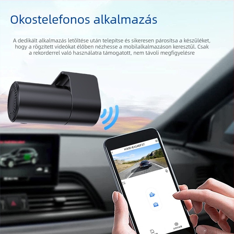 Rejtett autó DVR 1080p, éjszakai felvétel, 140° látószög, Wi‑Fi, ciklusos felvétel