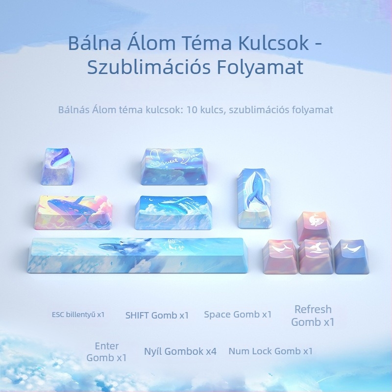 10 db PBT billentyűsapka mechanikus billentyűzethez, szublimációs nyomtatás, egyedi Whale Dream Mountain Light Boat téma, csúszásmentes és kopásálló