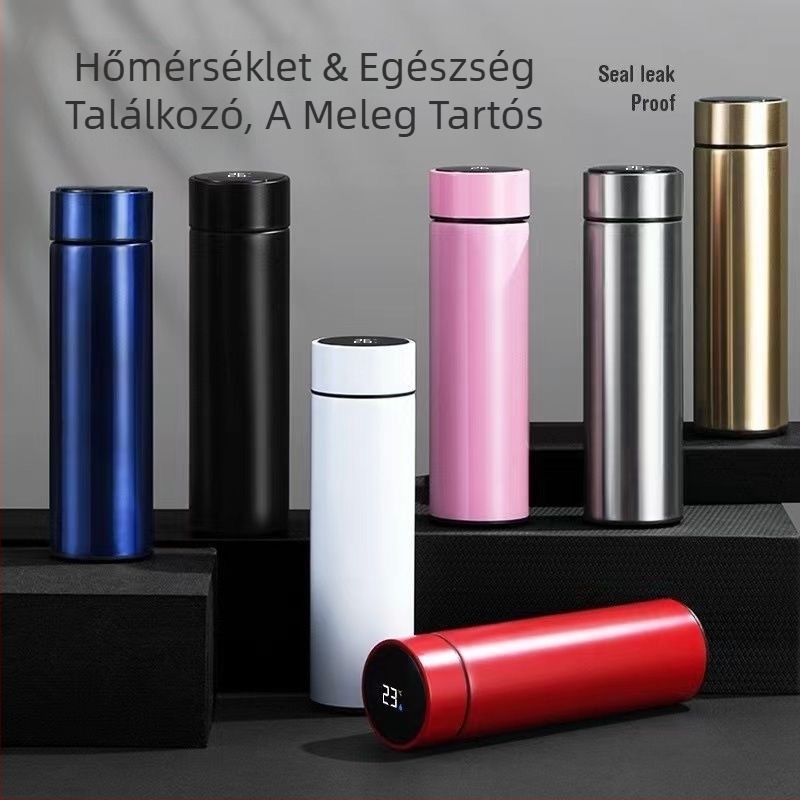 Termos pohár 304 rozsdamentes acél belső tartállyal, külső 201 rozsdamentes acél, szigetelés 6–12 óra, teavíz elválasztás, intelligens vezérlés hőmérséklet-méréssel